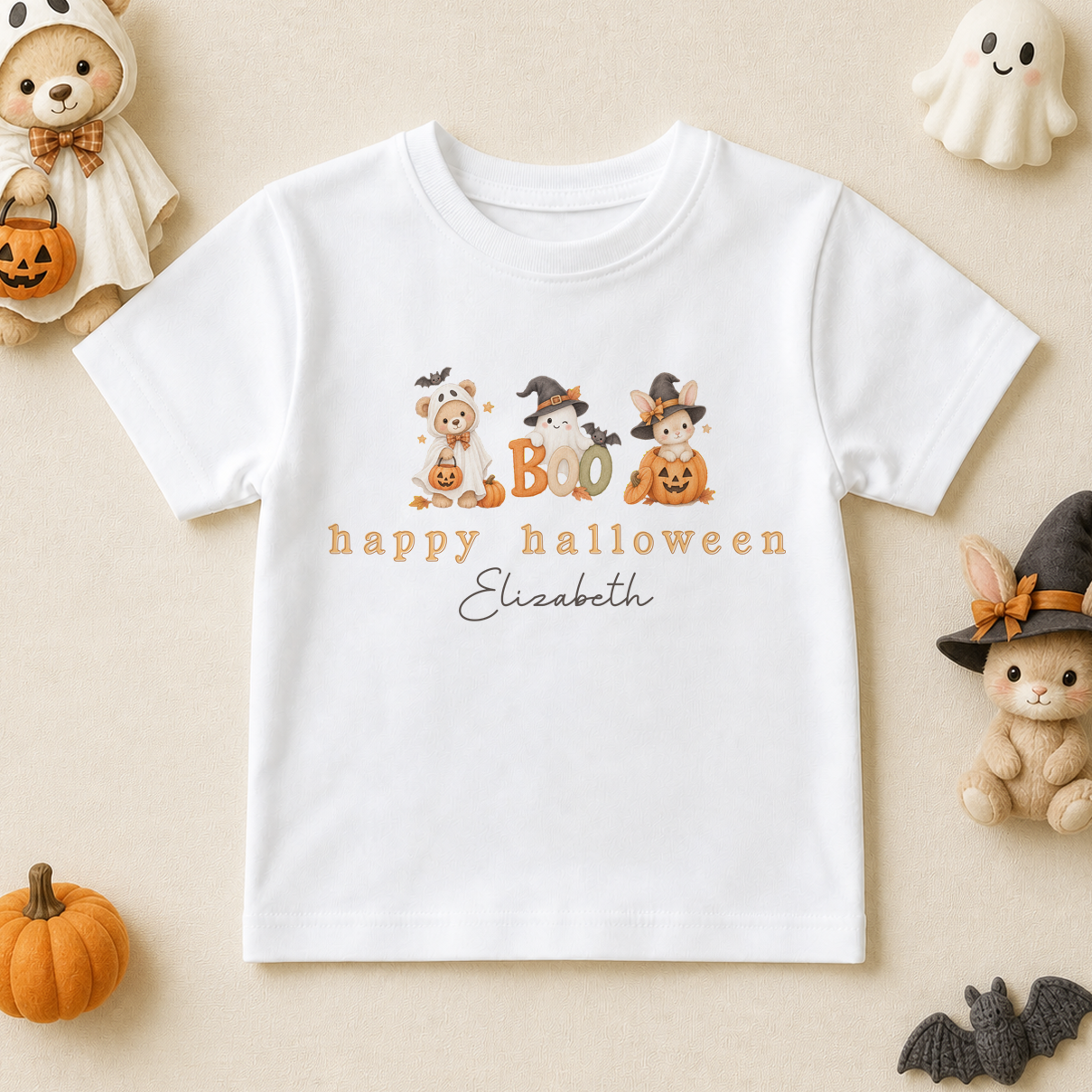 Personalised Happy Halloween Kids T-Shirt, Boo Teddy in Ghost Costume with Bunny and Pumpkins