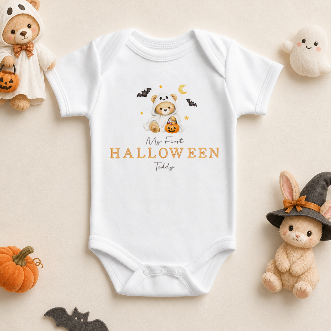 Personalised My First Halloween Baby Vest Bodysuit, Teddy Bear Ghost Costume with Bats