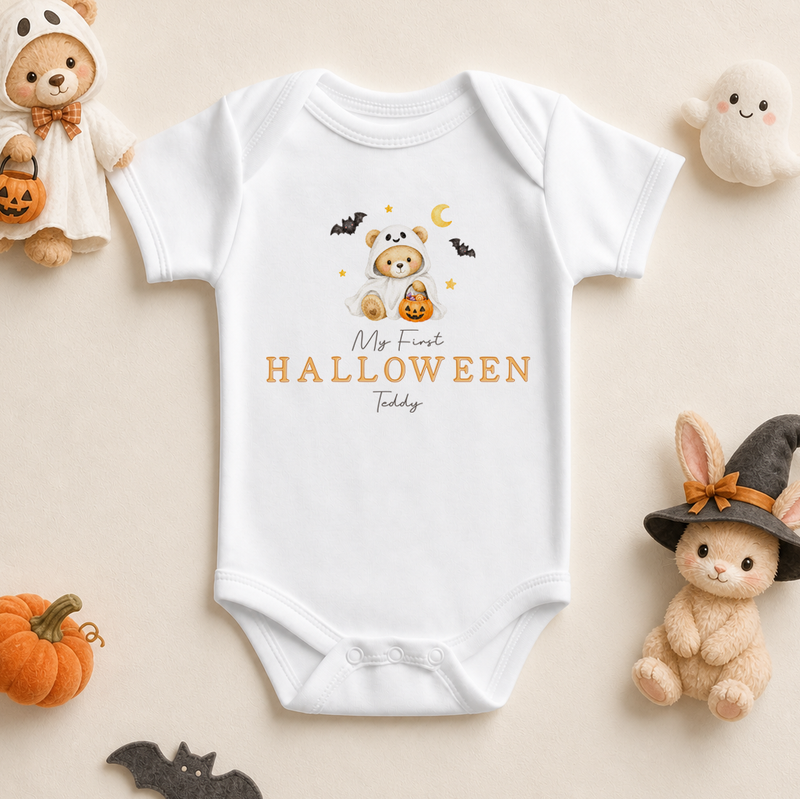Personalised My First Halloween Baby Vest Bodysuit, Teddy Bear Ghost Costume with Bats