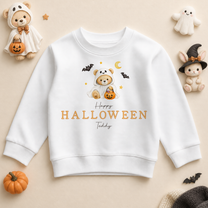 Personalised Teddy Ghost Halloween Kids Sweatshirt, Moon Bats and Pumpkin Bucket