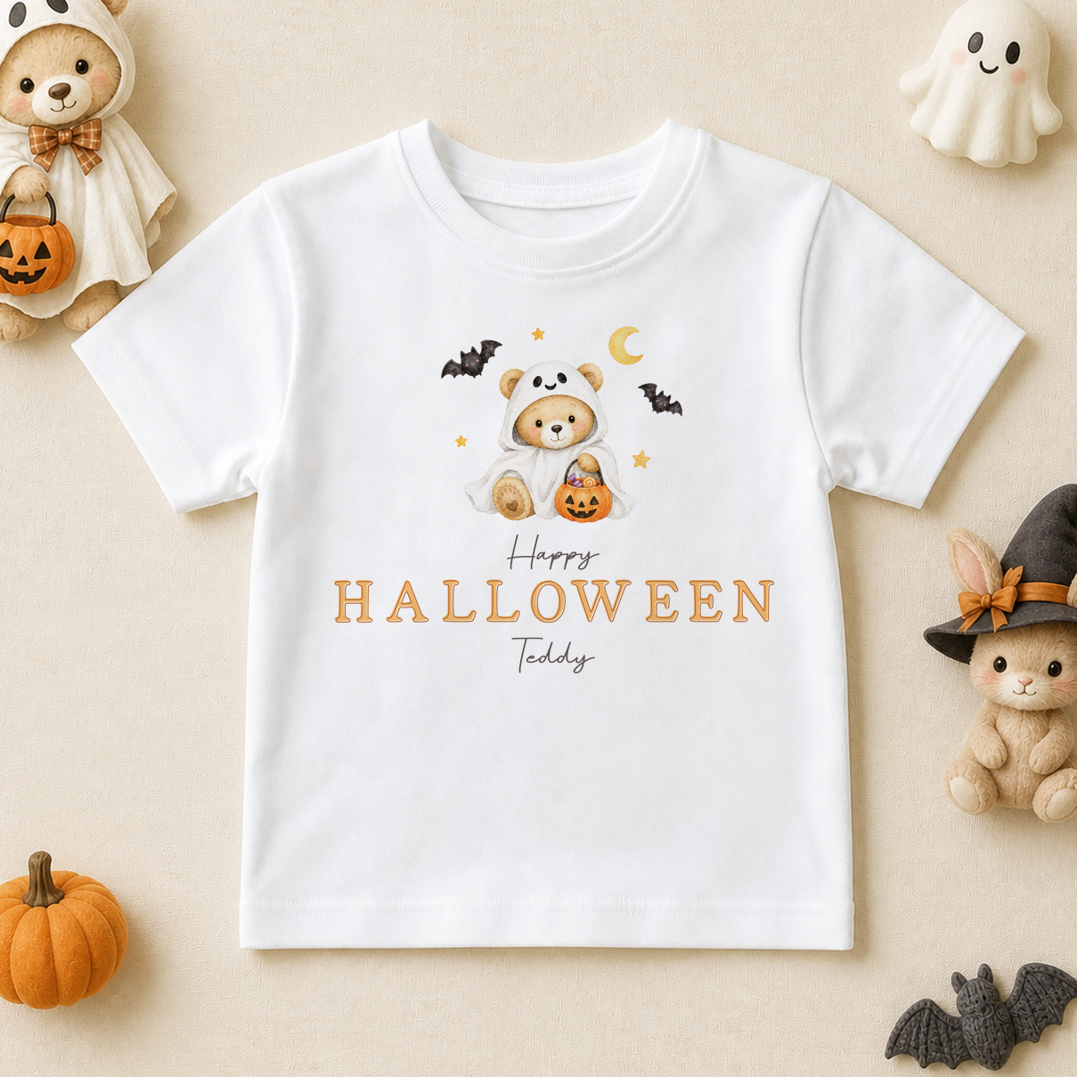 Personalised Halloween Kids T-Shirt, Teddy Bear in Ghost Costume with Pumpkin Bucket