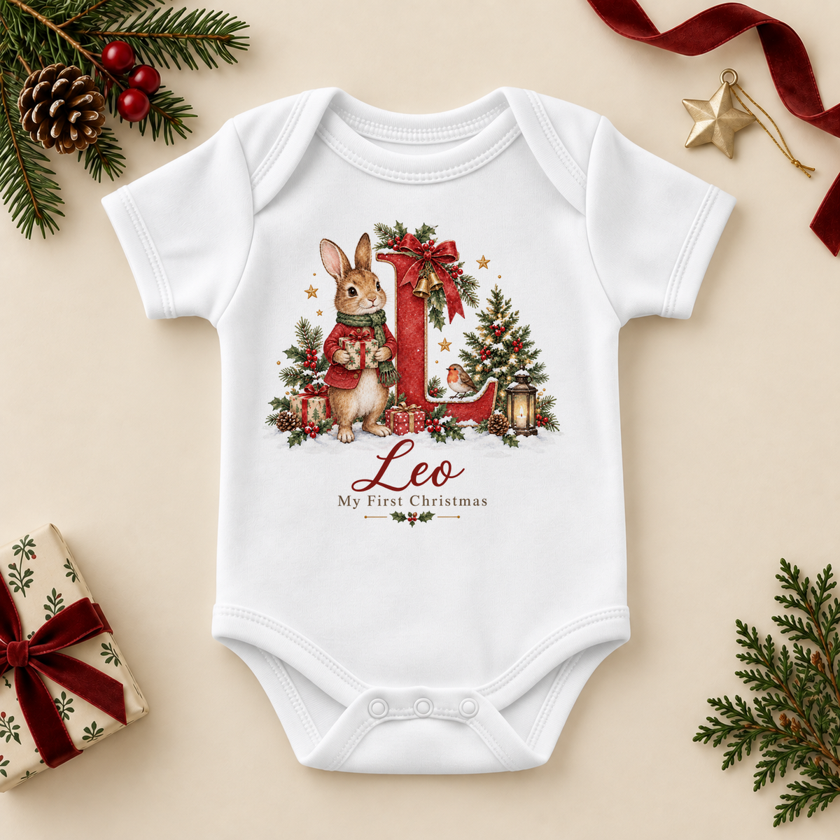 White baby bodysuit with a storybook bunny rabbit in a red jacket holding a present beside a large red initial, holly, a robin and a Christmas tree, a name in red script and My First Christmas. Example name shown.