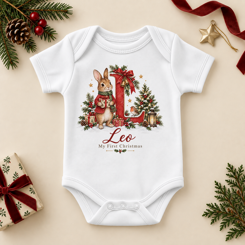 White baby bodysuit with a storybook bunny rabbit in a red jacket holding a present beside a large red initial, holly, a robin and a Christmas tree, a name in red script and My First Christmas. Example name shown.