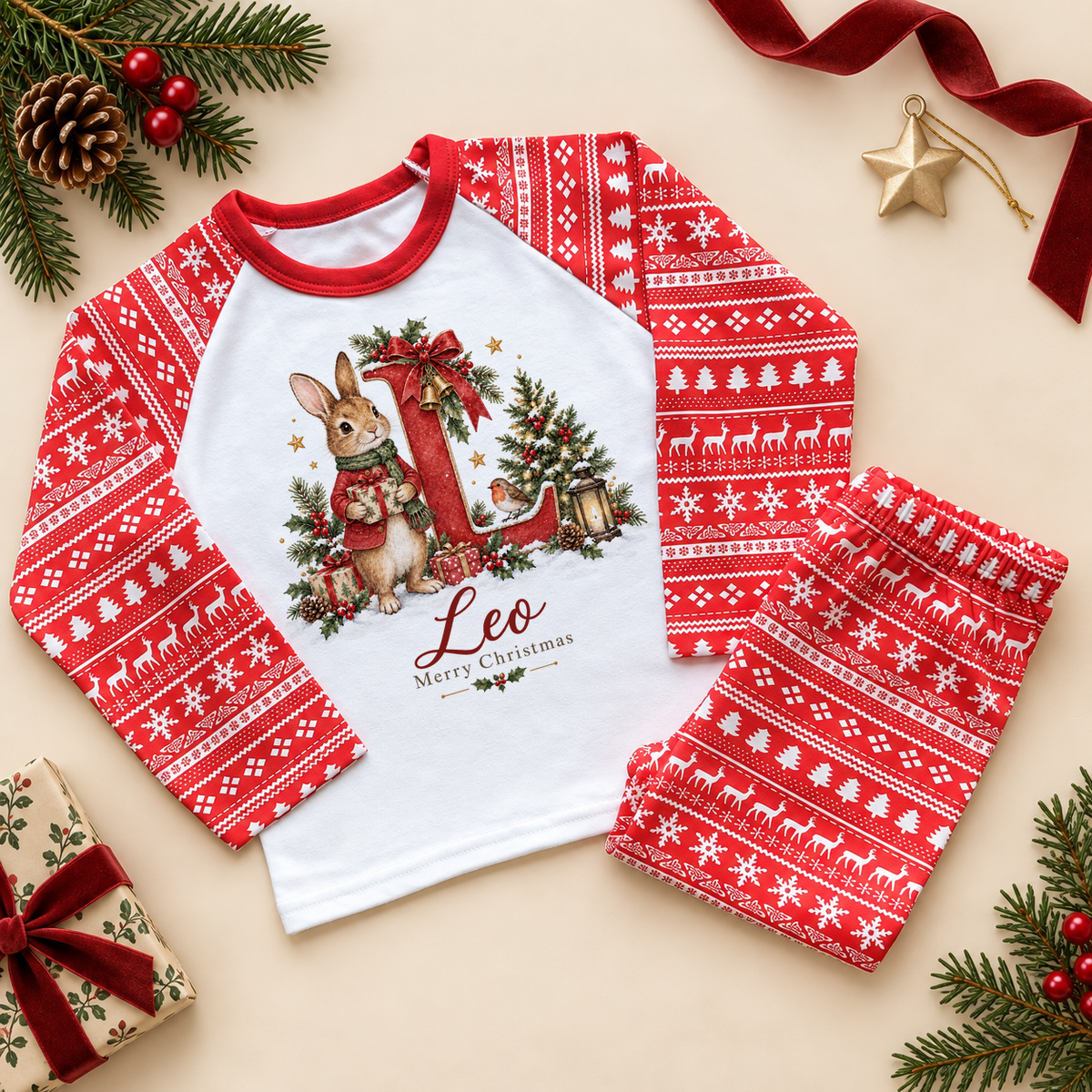 Red Fair Isle kids' pyjama set with a white chest showing a storybook bunny rabbit holding a present beside a large red initial, holly, a robin and a Christmas tree, a name in red script and Merry Christmas. Example name shown.