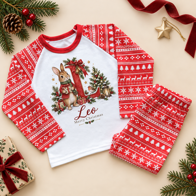 Red Fair Isle kids' pyjama set with a white chest showing a storybook bunny rabbit holding a present beside a large red initial, holly, a robin and a Christmas tree, a name in red script and Merry Christmas. Example name shown.