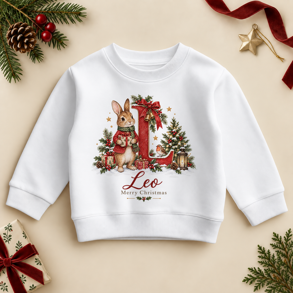 White kids' sweatshirt with a storybook bunny rabbit in a red jacket holding a present beside a large red initial, holly, a robin and a Christmas tree, a name in red script and Merry Christmas. Example name shown.