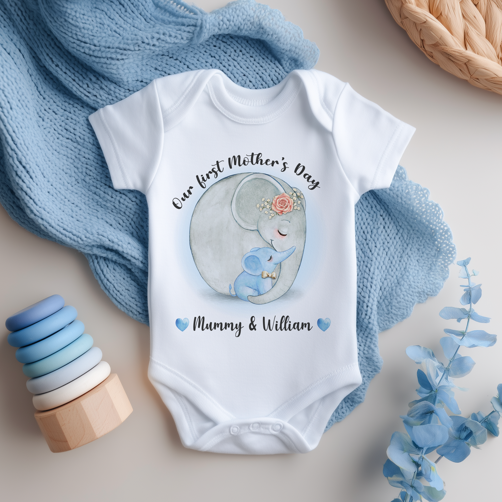 Our First Mother's Day Elephants Boy Personalised Baby Bodysuit