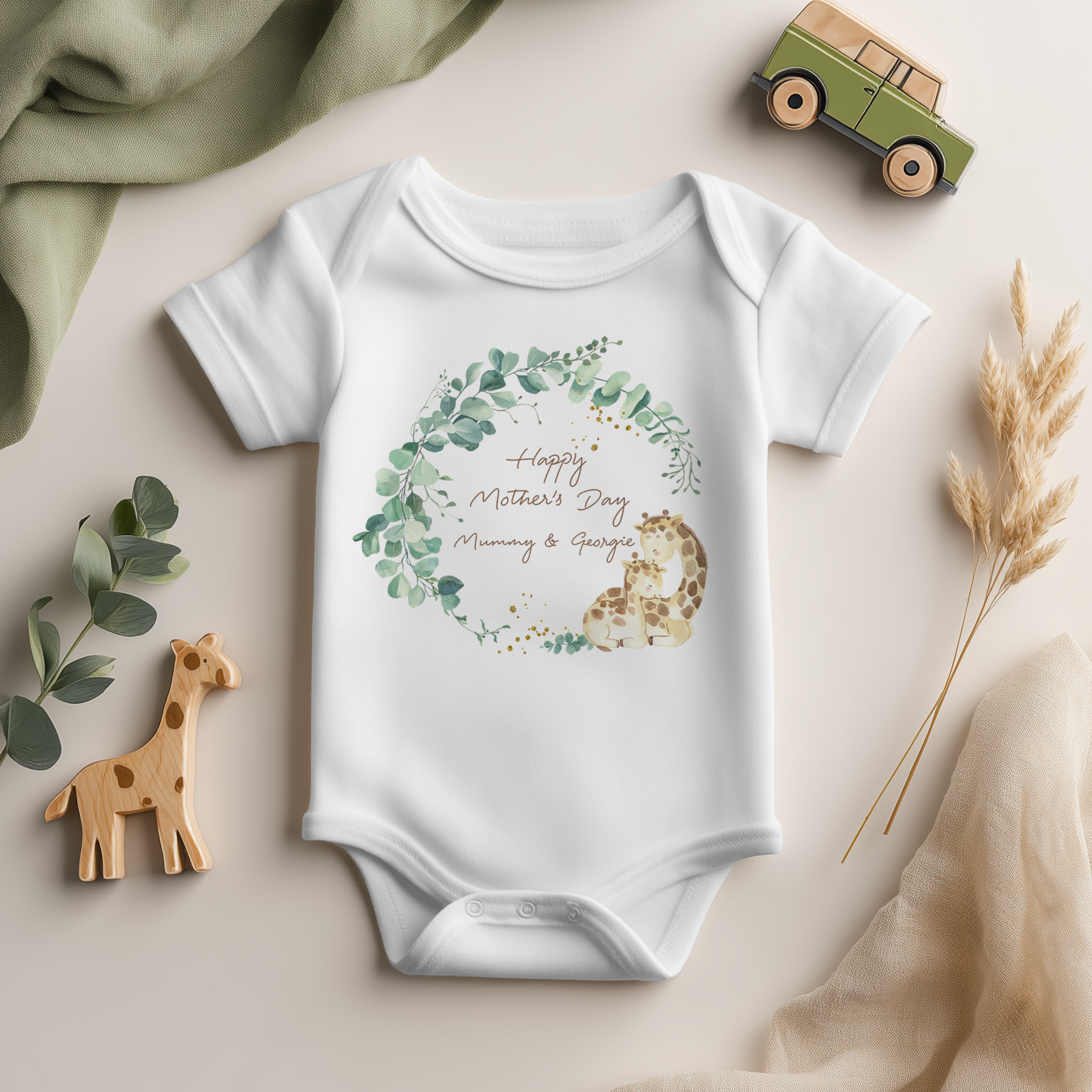Giraffe Wreath Mother's Day Personalised Baby Bodysuit