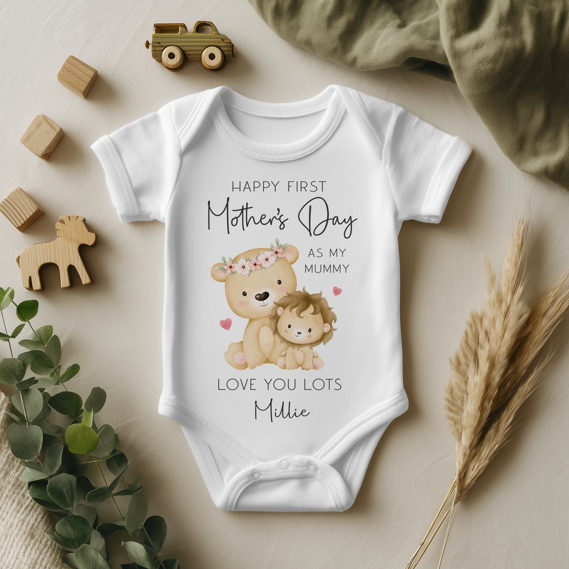 First Mother's Day Cute Lions Personalised Baby Bodysuit