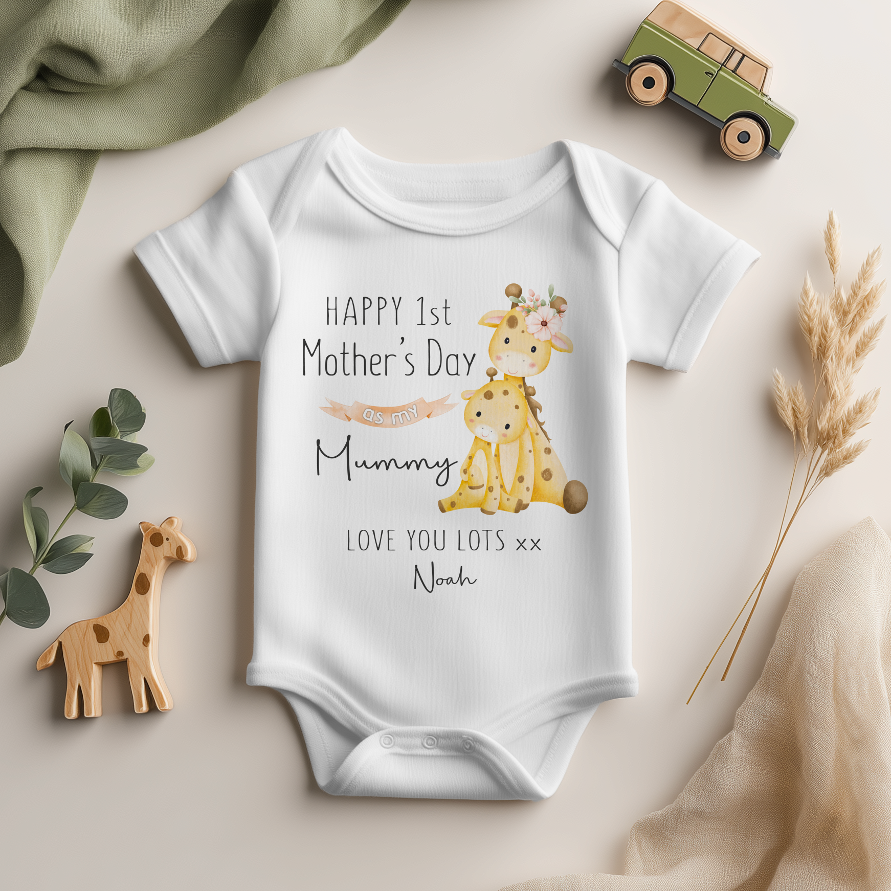 Happy 1st Mother's Day Cute Giraffe Personalised Baby Bodysuit