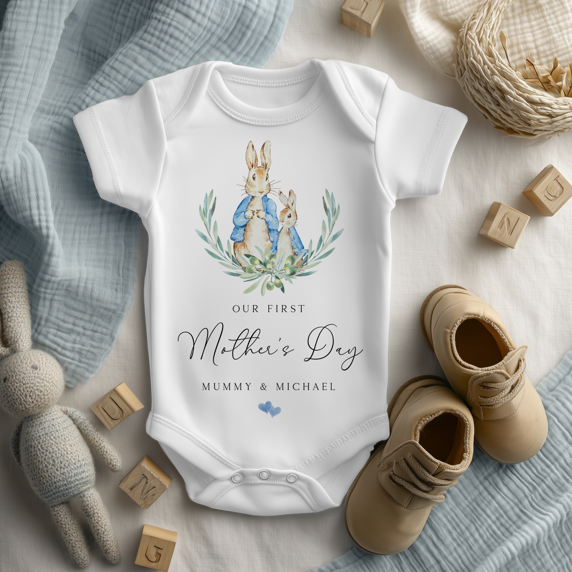 Our First Mother's Day Peter Rabbit Inspired Boy Personalised Baby Bodysuit
