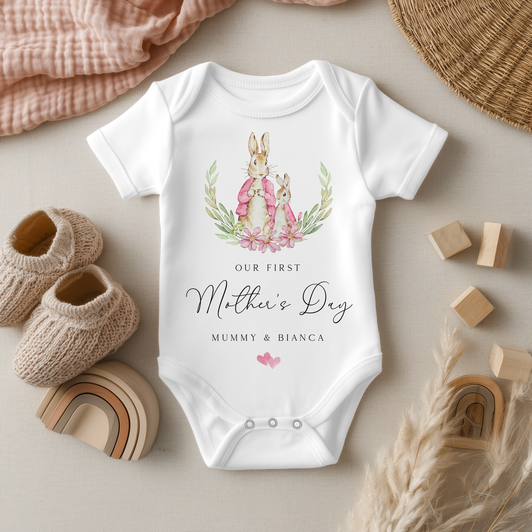 Our First Mother's Day Peter Rabbit Inspired Girl Personalised Baby Bodysuit