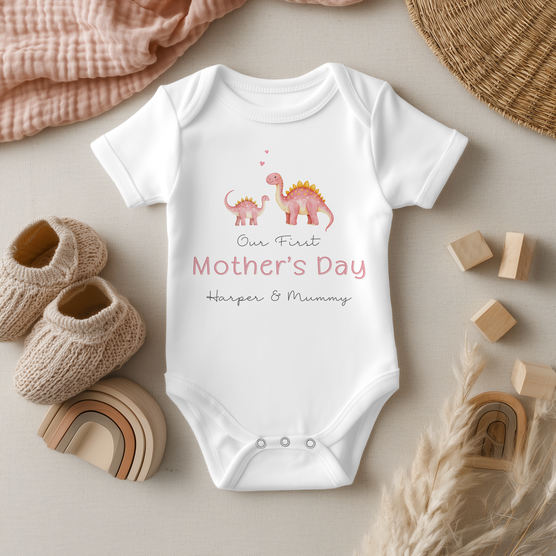 Our First Mother's Day Pink Girl Dinosaurs Personalised Baby Bodysuit