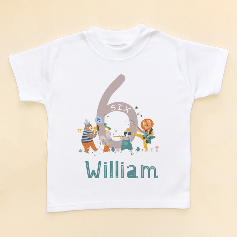 6th Birthday Animal Musicians Personalised T Shirt (8792105419032)