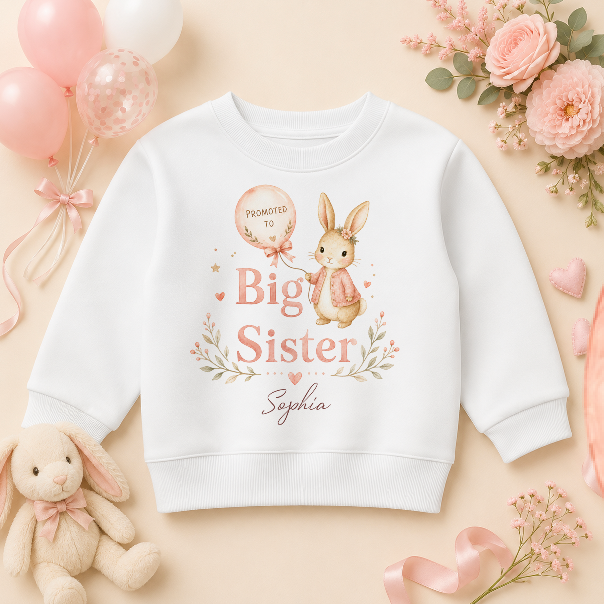 Personalised Promoted to Big Sister Kids Sweatshirt for Girls, Bunny and Balloon with Name