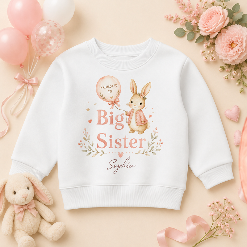 Personalised Promoted to Big Sister Kids Sweatshirt for Girls, Bunny and Balloon with Name