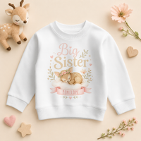 Big Sister - Personalised Big or Little Sister Kids Sweatshirt for Girls, Sleeping Fawn and Floral Wreath with Name