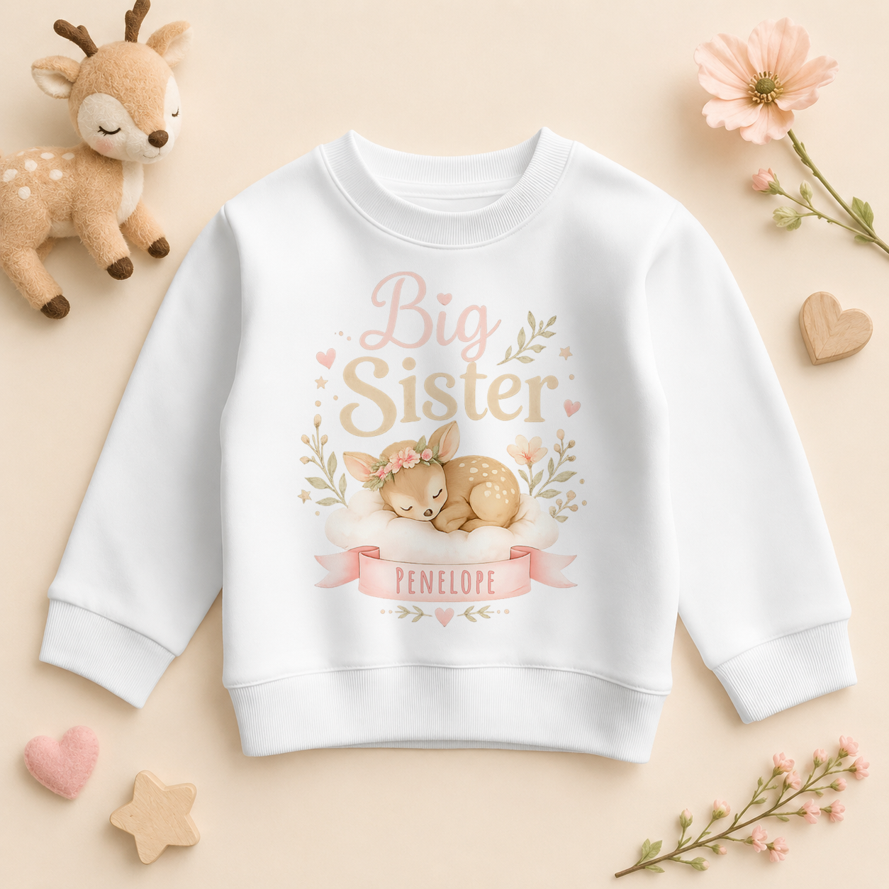 Big Sister - Personalised Big or Little Sister Kids Sweatshirt for Girls, Sleeping Fawn and Floral Wreath with Name