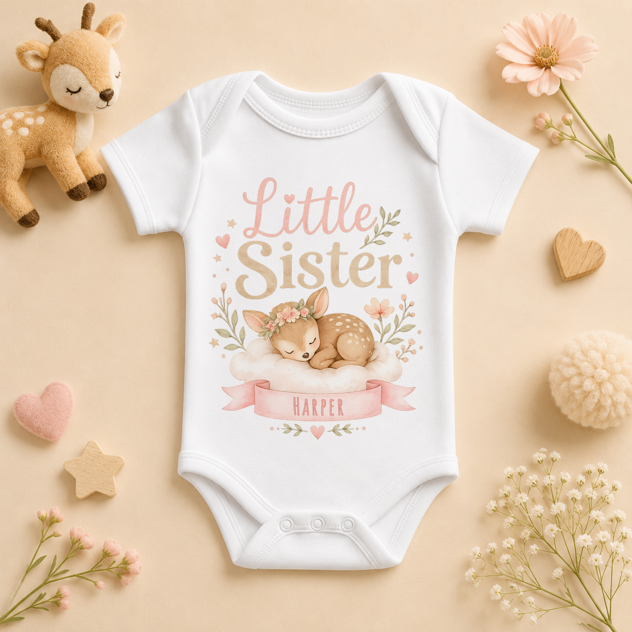 Personalised Little Sister Baby Vest Bodysuit for Girls, Sleeping Fawn and Floral Wreath with Name