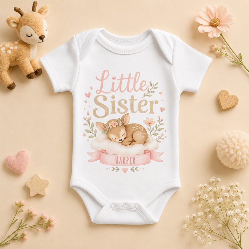Personalised Little Sister Baby Vest Bodysuit for Girls, Sleeping Fawn and Floral Wreath with Name