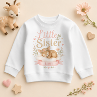 Little Sister - Personalised Big or Little Sister Kids Sweatshirt for Girls, Sleeping Fawn and Floral Wreath with Name
