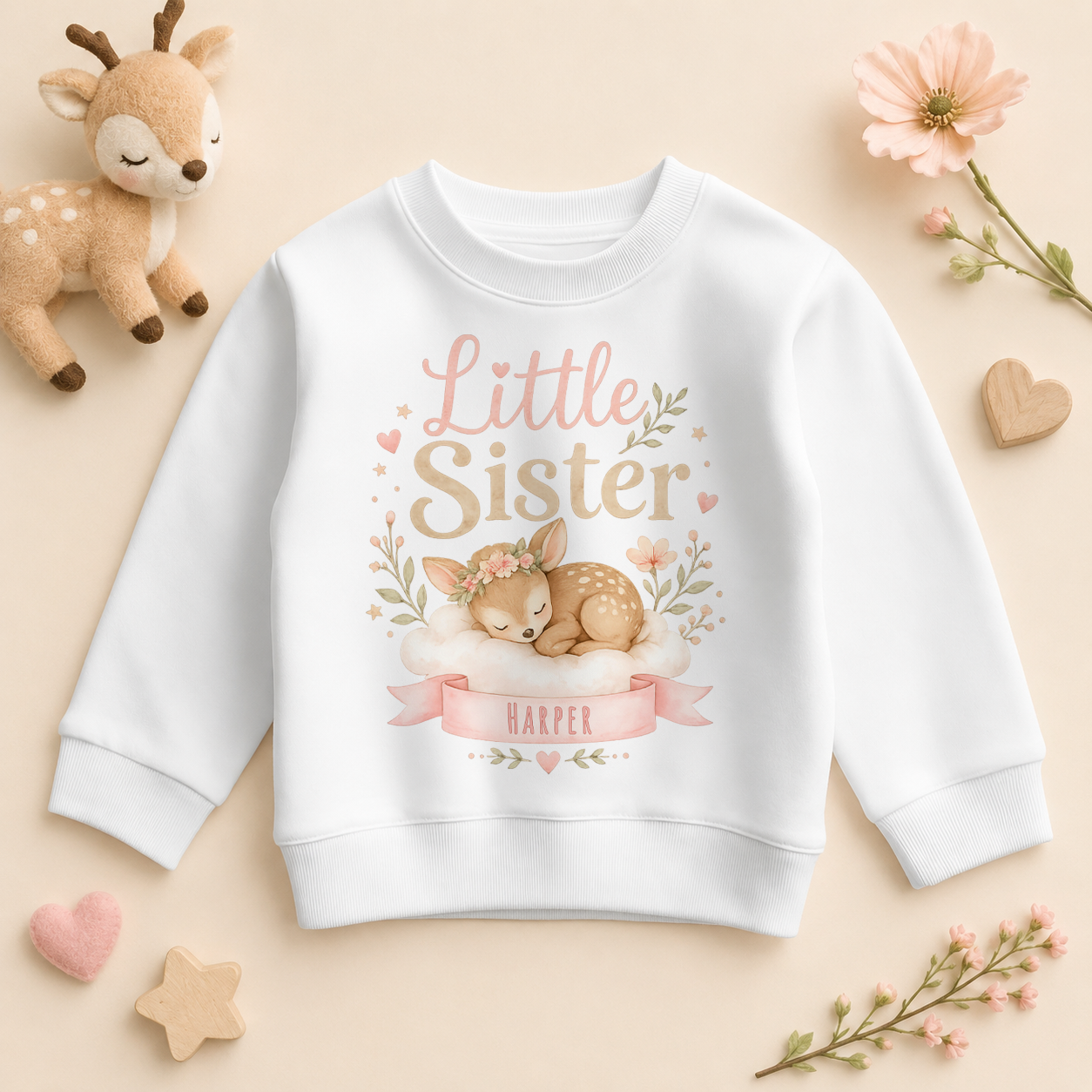 Little Sister - Personalised Big or Little Sister Kids Sweatshirt for Girls, Sleeping Fawn and Floral Wreath with Name