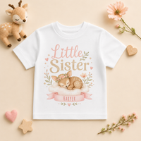 Little Sister - Personalised Big or Little Sister Kids T-Shirt for Girls, Sleeping Fawn and Floral Wreath with Name