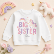 Personalised Big or Little Sister Kids Sweatshirt for Girls, Unicorn and Rainbow with Name