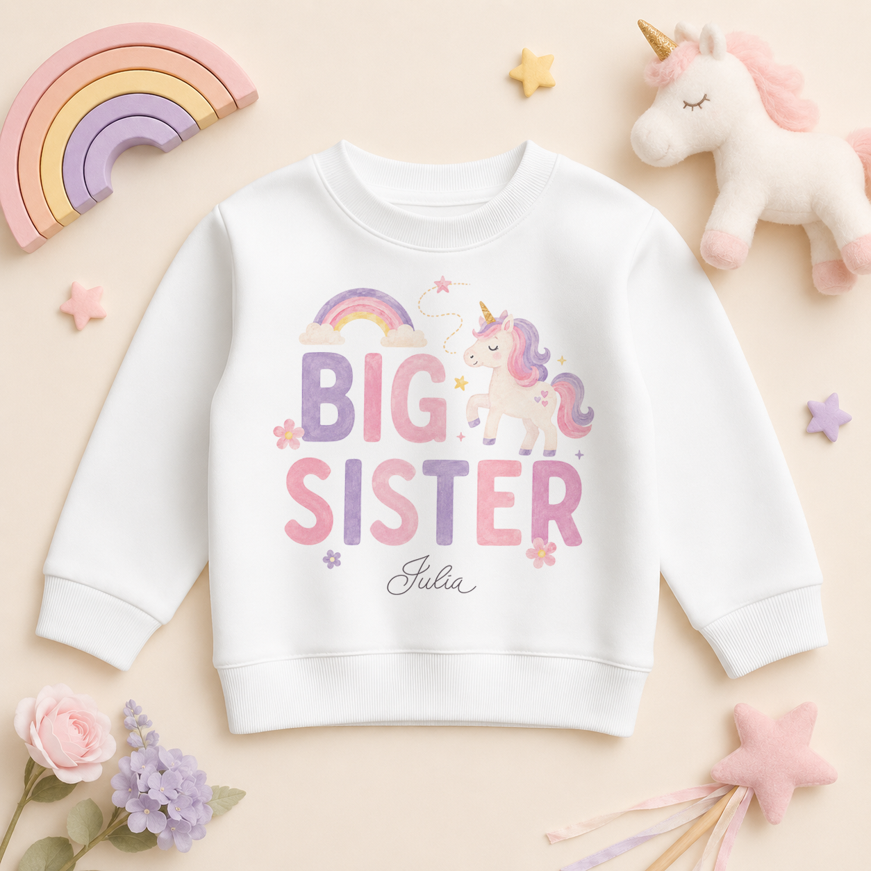 Big Sister - Personalised Big or Little Sister Kids Sweatshirt for Girls, Unicorn and Rainbow with Name