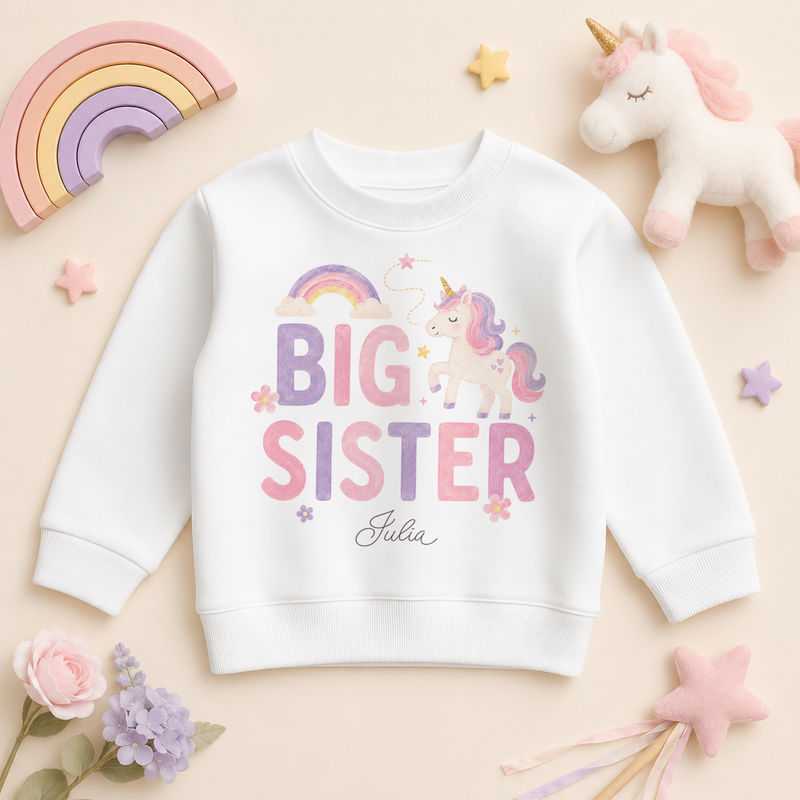 Big Sister - Personalised Big or Little Sister Kids Sweatshirt for Girls, Unicorn and Rainbow with Name
