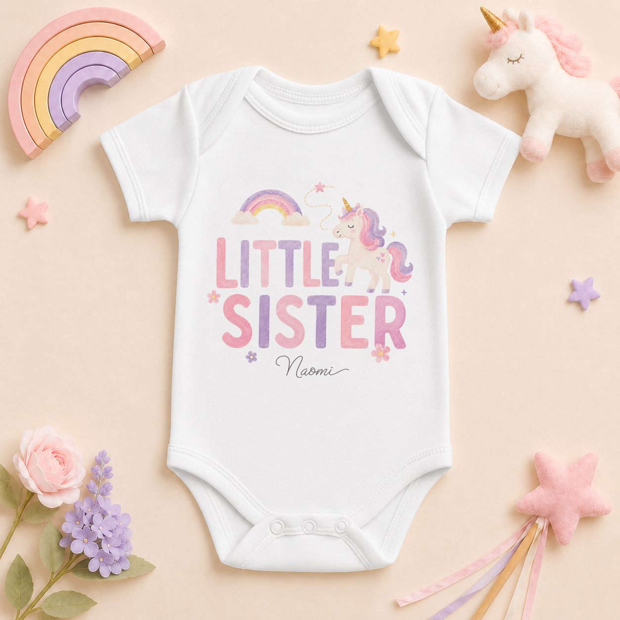 Personalised Little Sister Baby Vest Bodysuit for Girls, Unicorn and Rainbow with Name
