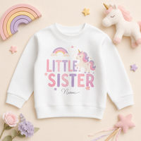 Little Sister - Personalised Big or Little Sister Kids Sweatshirt for Girls, Unicorn and Rainbow with Name