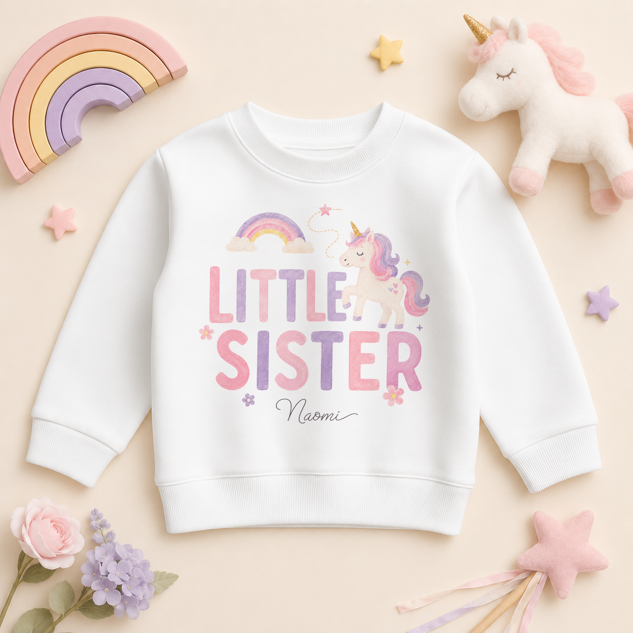 Little Sister - Personalised Big or Little Sister Kids Sweatshirt for Girls, Unicorn and Rainbow with Name