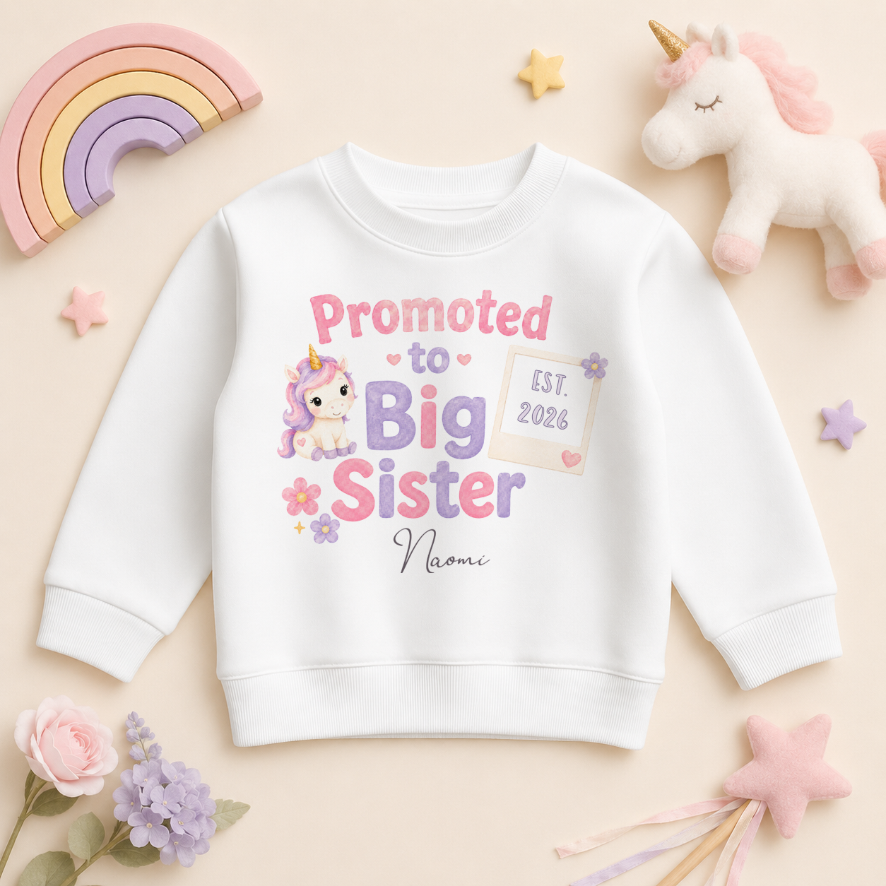 Personalised Promoted to Big Sister Kids Sweatshirt for Girls, Unicorn Signboard with Name and Date
