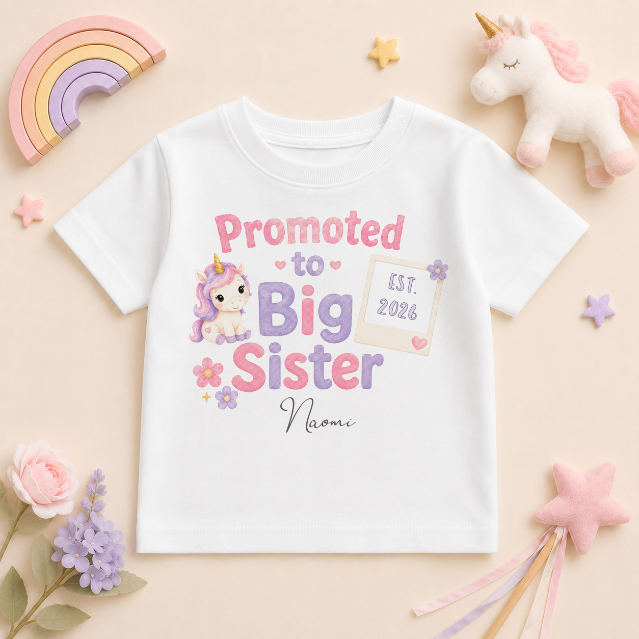 Personalised Promoted to Big Sister Kids T-Shirt for Girls, Unicorn Signboard with Name and Date