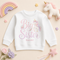 Big Sister - Personalised Big or Little Sister Kids Sweatshirt for Girls, Watercolour Unicorn with Name