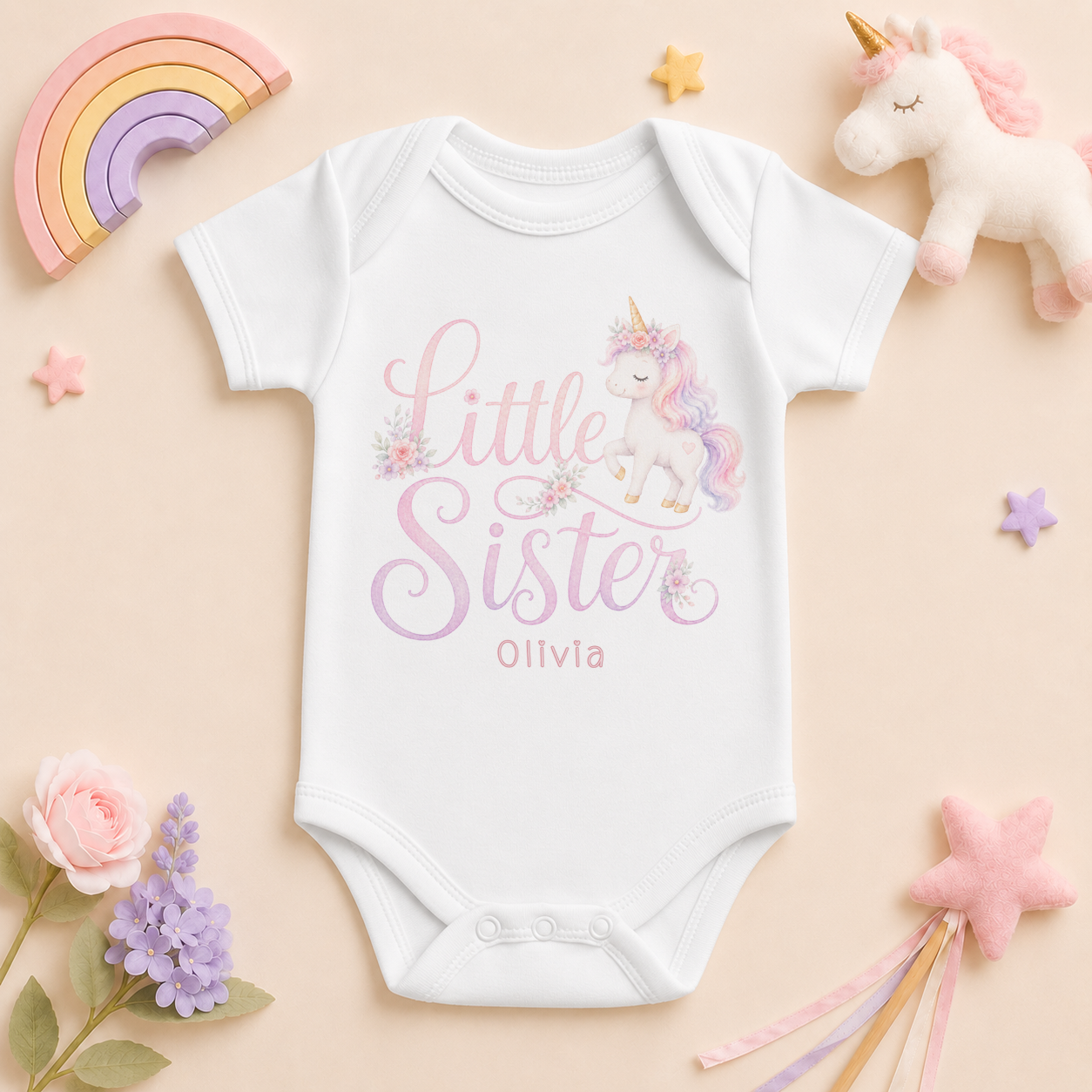 Personalised Little Sister Baby Vest Bodysuit for Girls, Watercolour Unicorn with Name