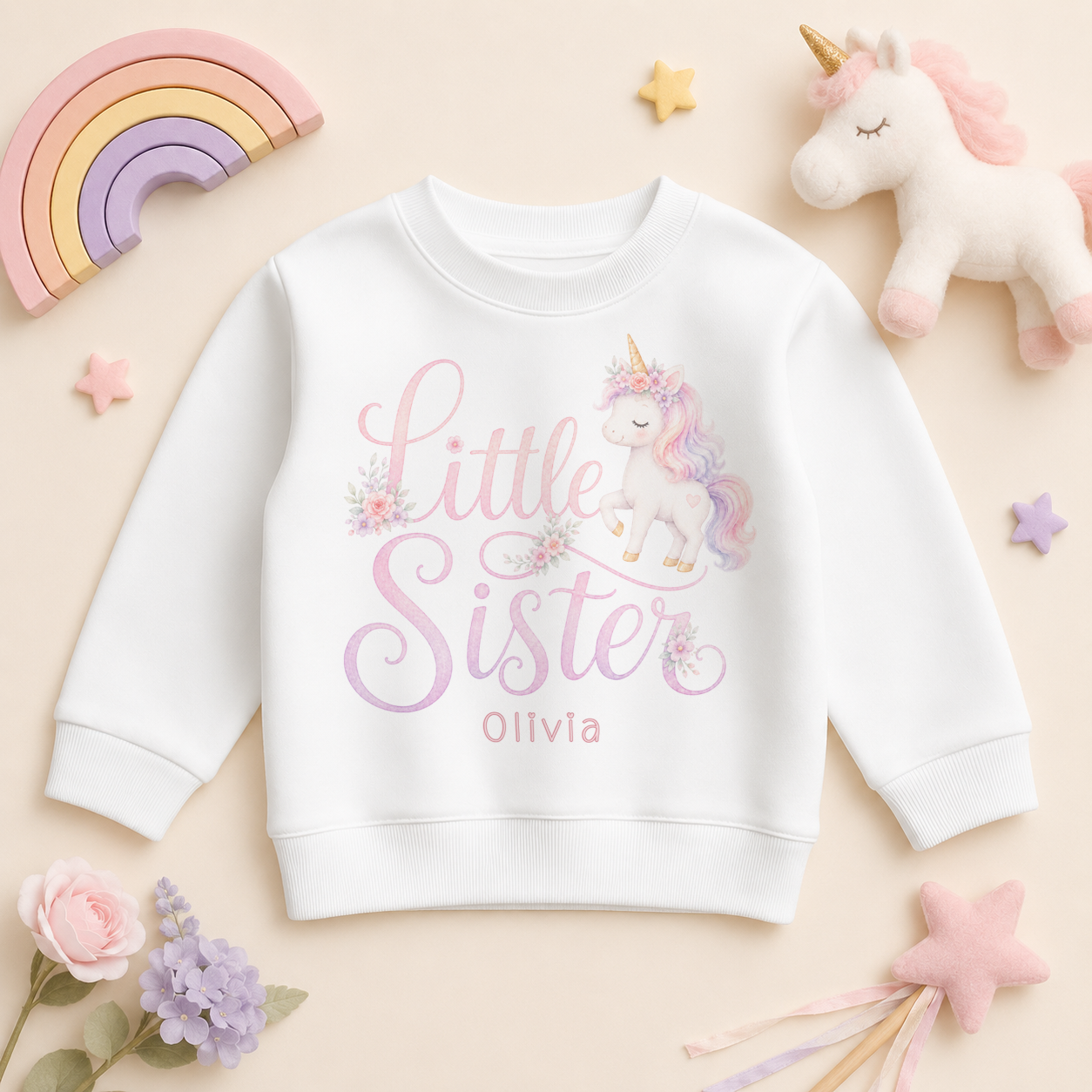 Little Sister - Personalised Big or Little Sister Kids Sweatshirt for Girls, Watercolour Unicorn with Name