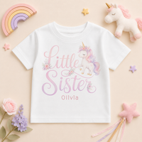 Little Sister - Personalised Big or Little Sister Kids T-Shirt for Girls, Watercolour Unicorn with Name