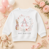 Big Sister - Personalised Big or Little Sister Initial Letter Kids Sweatshirt for Girls, Bunny and Floral Wreath with Name
