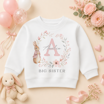 Personalised Big or Little Sister Initial Letter Kids Sweatshirt for Girls, Bunny and Floral Wreath with Name