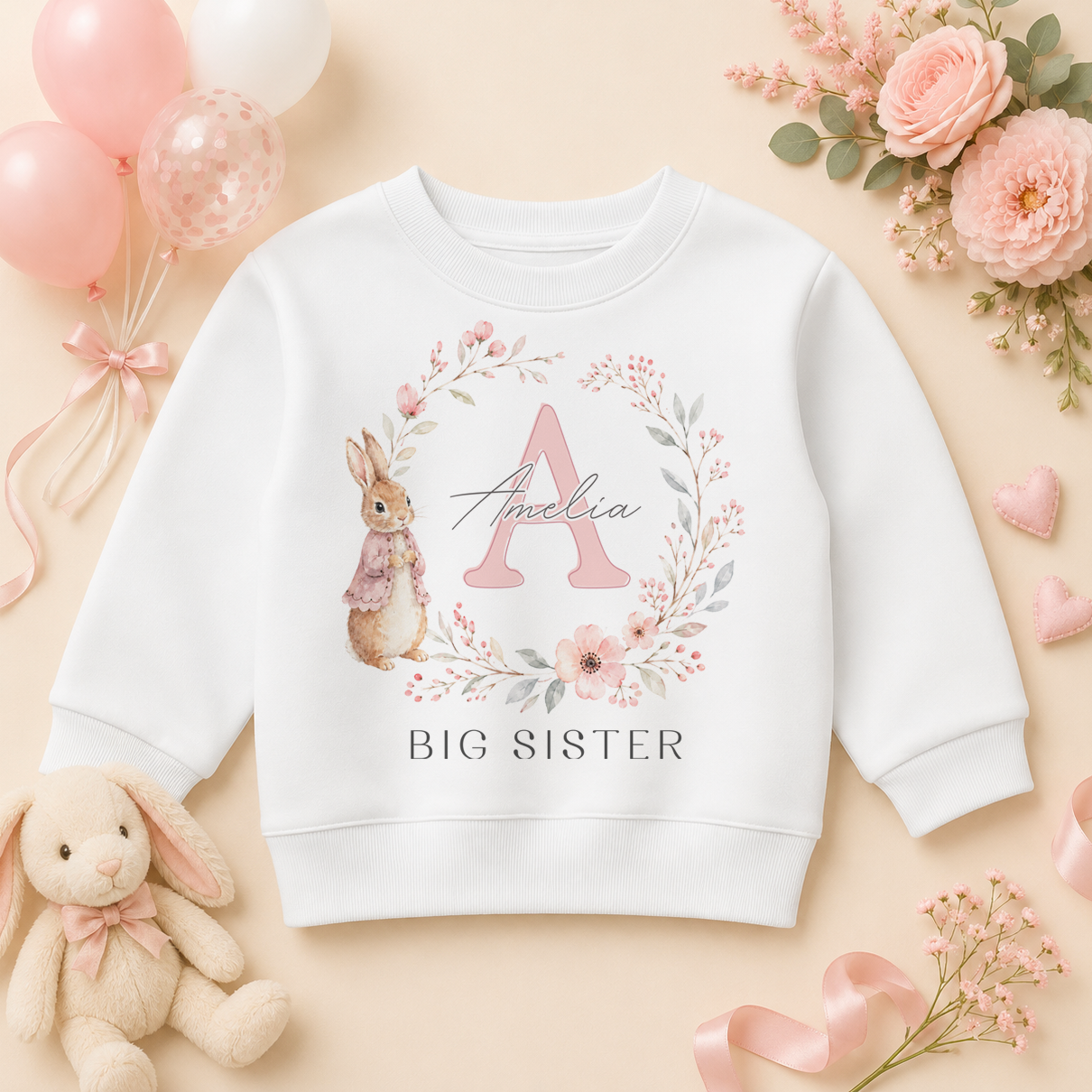 Big Sister - Personalised Big or Little Sister Initial Letter Kids Sweatshirt for Girls, Bunny and Floral Wreath with Name