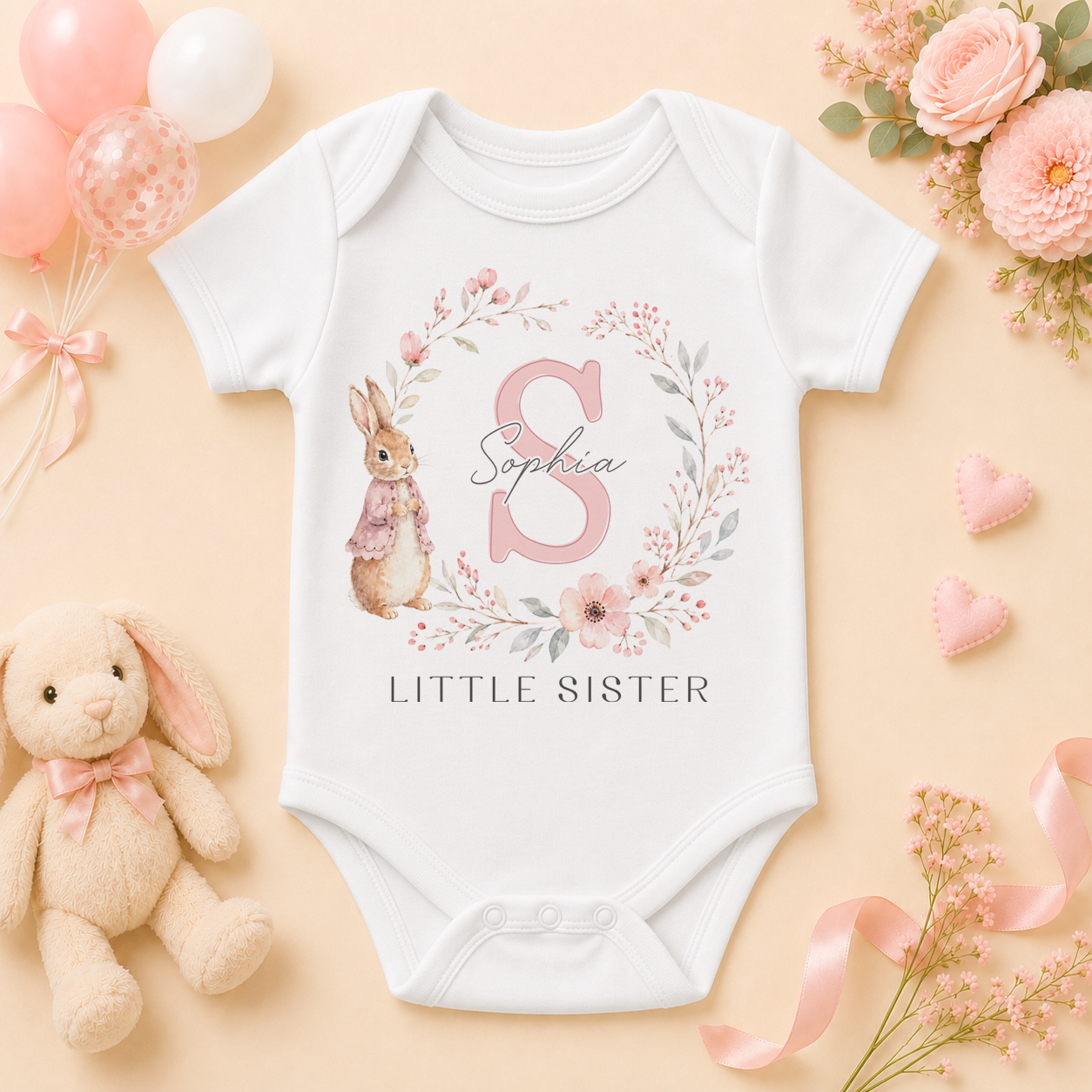 Personalised Little Sister Baby Vest Bodysuit for Girls, Bunny and Floral Wreath Initial Letter with Name