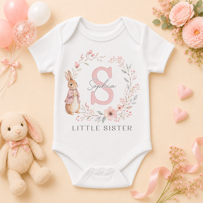 Personalised Little Sister Baby Vest Bodysuit for Girls, Bunny and Floral Wreath Initial Letter with Name