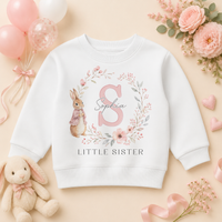 Little Sister - Personalised Big or Little Sister Initial Letter Kids Sweatshirt for Girls, Bunny and Floral Wreath with Name