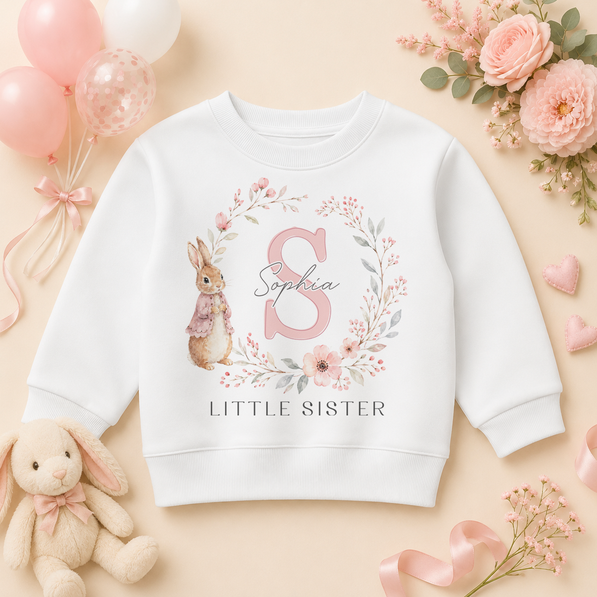 Little Sister - Personalised Big or Little Sister Initial Letter Kids Sweatshirt for Girls, Bunny and Floral Wreath with Name