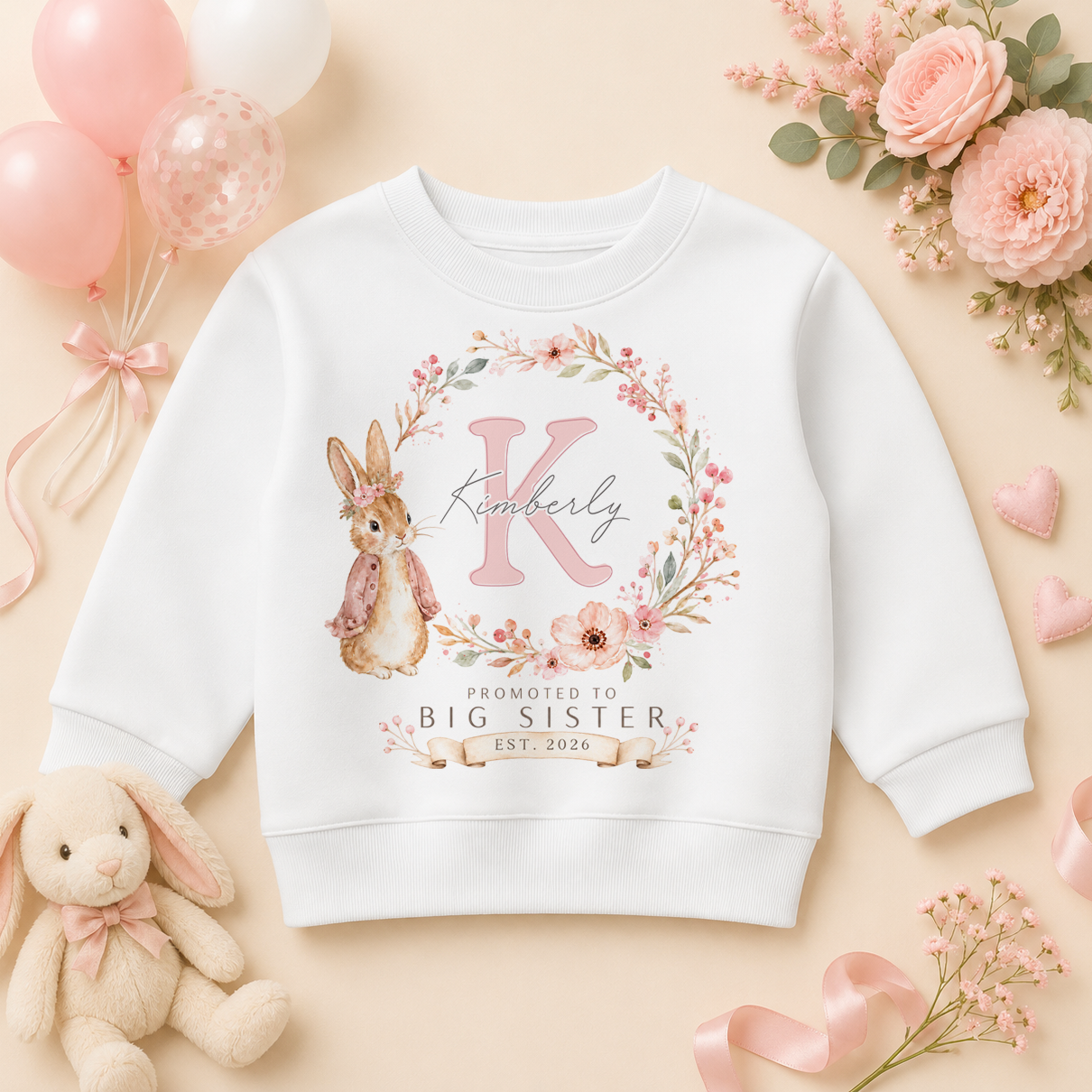 Personalised Promoted to Big Sister Initial Letter Kids Sweatshirt for Girls, Bunny and Floral Wreath with Name and Date