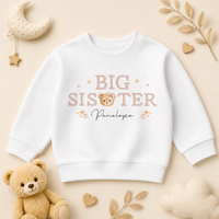 Big Sister - Personalised Big or Little Sister Kids Sweatshirt for Girls, Teddy Bear with Name