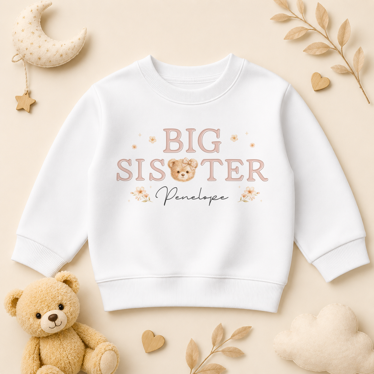 Big Sister - Personalised Big or Little Sister Kids Sweatshirt for Girls, Teddy Bear with Name