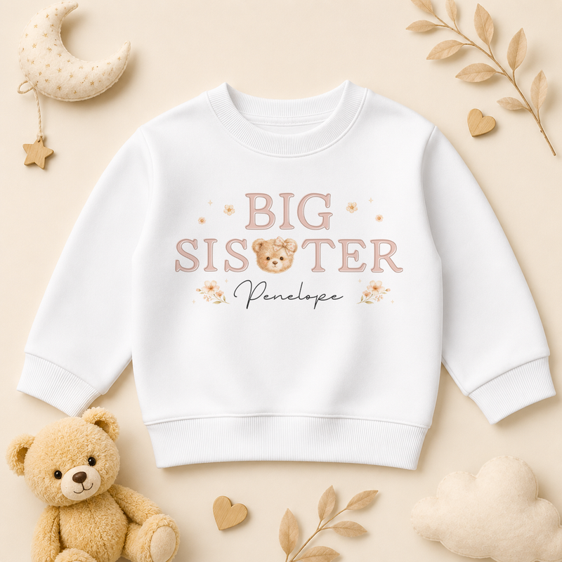 Big Sister - Personalised Big or Little Sister Kids Sweatshirt for Girls, Teddy Bear with Name
